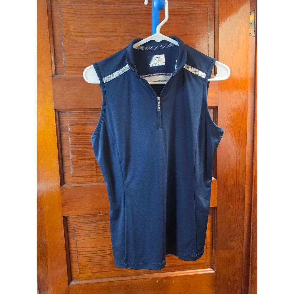 IZOD Golf Women’s Small Navy Sleeveless 1/4 Zip Golf Polo Plaid Trim